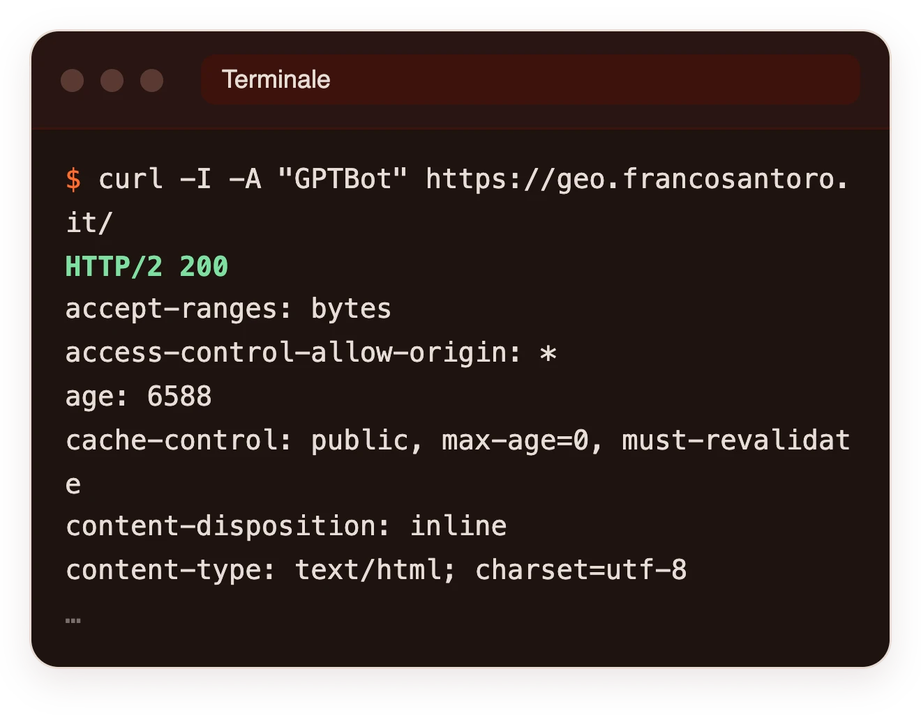 Terminale con il comando curl -I -A GPTBot su geo.francosantoro.it e la risposta HTTP/2 200