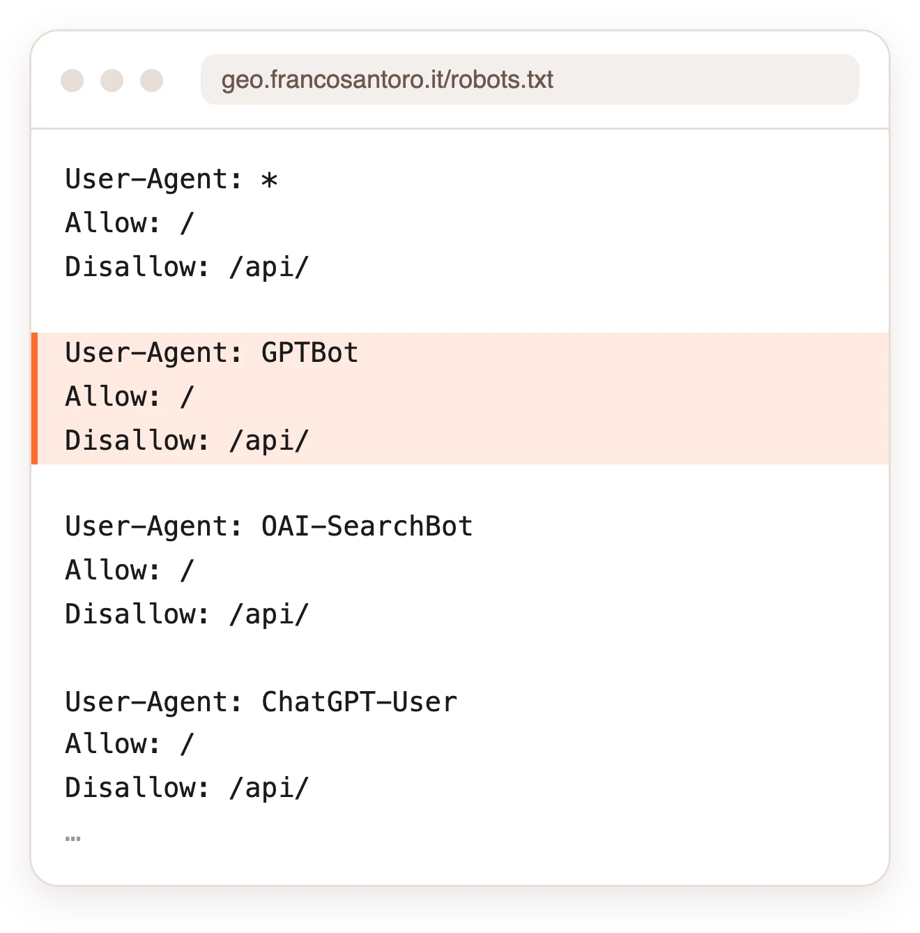 Il file robots.txt di geo.francosantoro.it con il blocco dedicato a GPTBot evidenziato